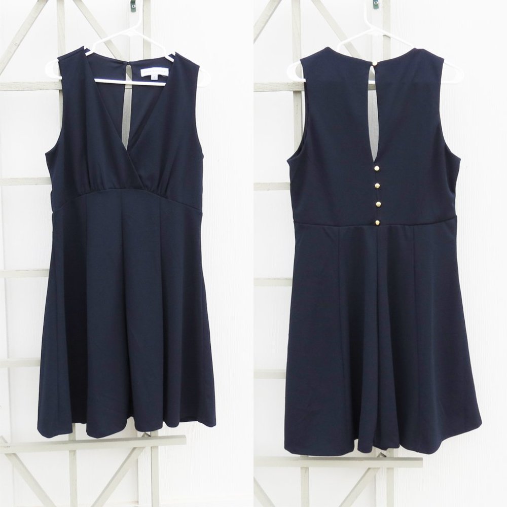 Emma & Michelle Navy Pleated Button Swing Dress